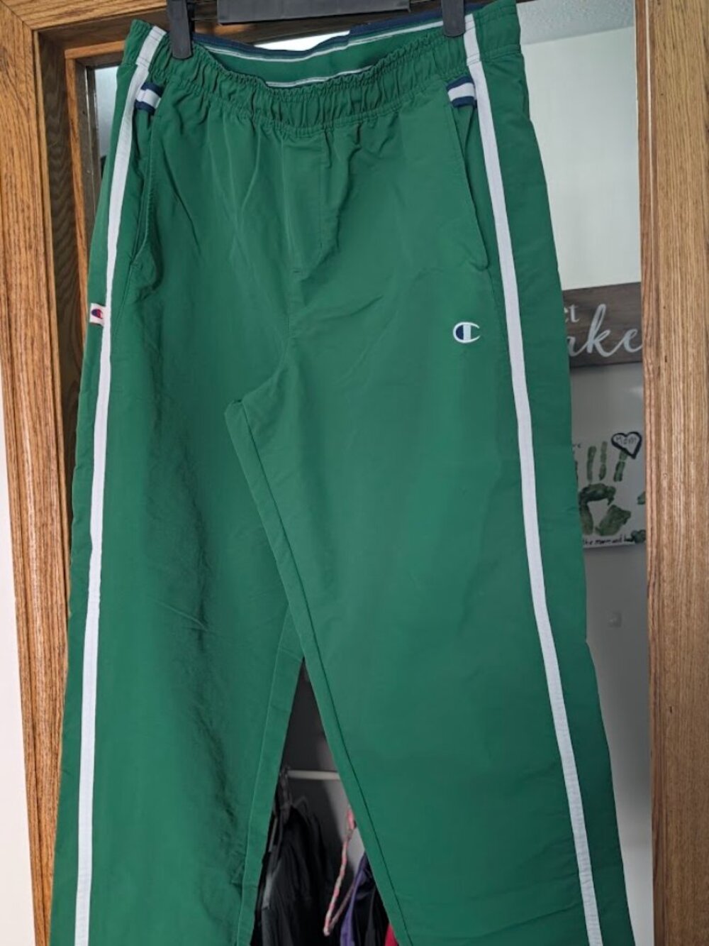 Champion Green & White Striped Track Pants Large